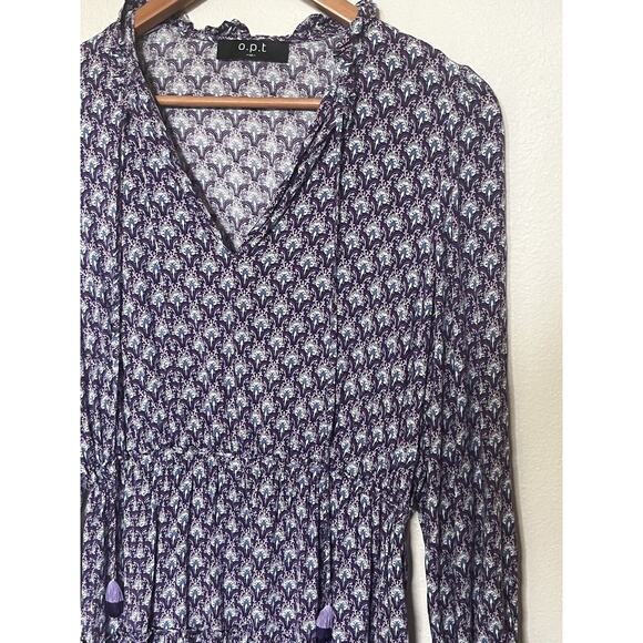 Anthropologie OPT Sz Medium Purple Floral Long Sleeve Short Elastic Waist Dress - Picture 2 of 8